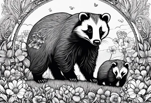 Trippy, badger with a cub in a field of flowers tattoo idea