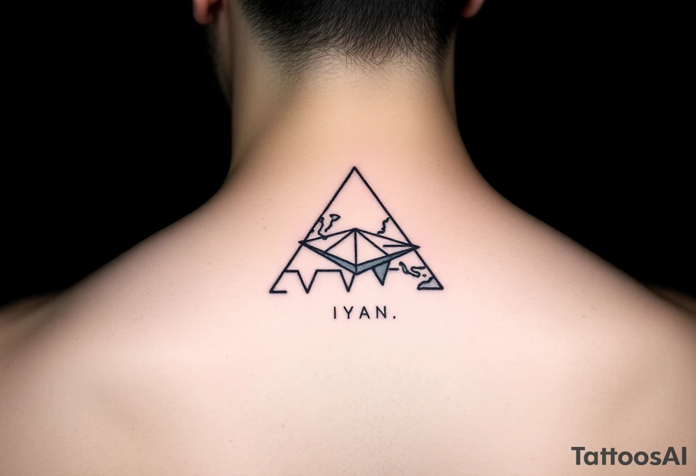 Small geometric triangle with a geometric paper plane going around the world with thin fine lines tattoo idea