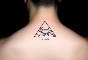 Small geometric triangle with a geometric paper plane going around the world with thin fine lines tattoo idea