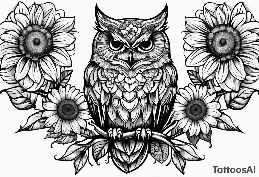 Small owl with sunflowers and butterflies arm sleeve tattoo idea