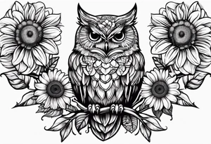 Small owl with sunflowers and butterflies arm sleeve tattoo idea