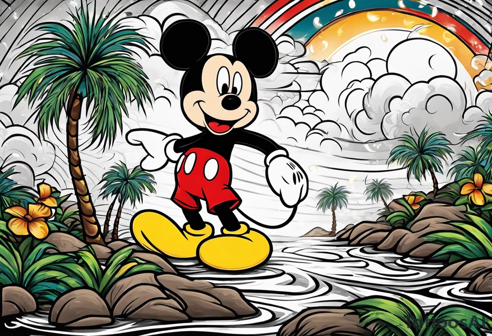 mickey mouse in a lightning storm with palm trees and the celtic symbol for family tattoo idea