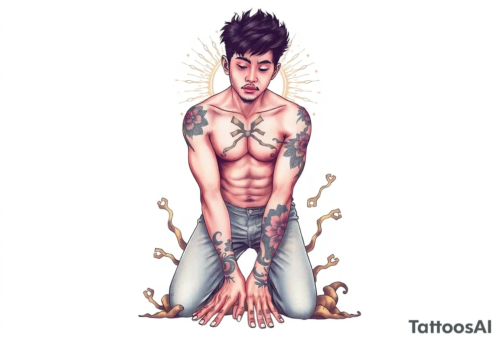 Handsome Asian young guy is standing on his knees and looking down tattoo idea