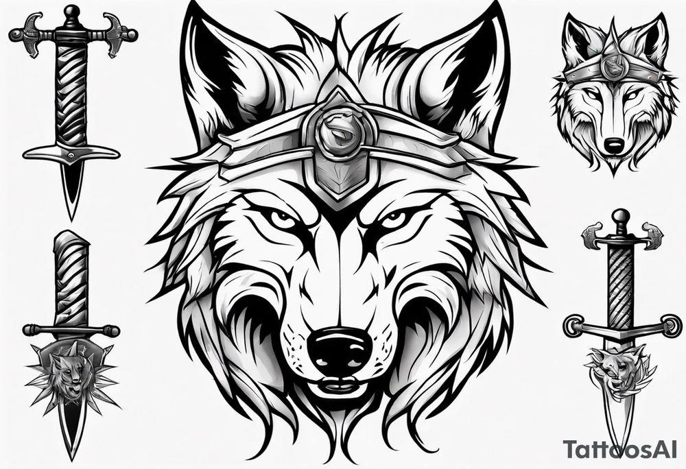 wolf head with sword in background tattoo idea