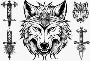 wolf head with sword in background tattoo idea