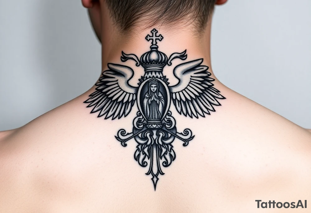 russian coat of arms double headed eagle traditional christian orthodox cross with a virgin mary stood in the entrance of a russian orthodox dome church on the side of the neck in a wilderness setting tattoo idea