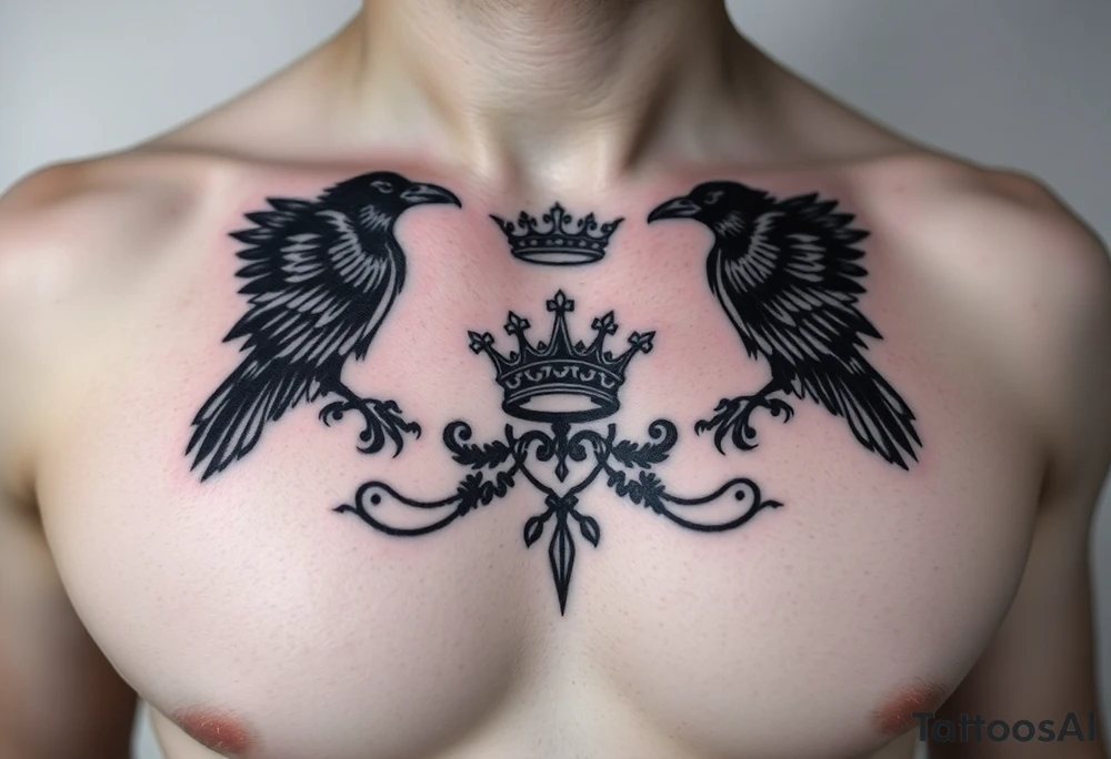 Chest tattoo, two ravens and icelandic symbols, dark brest tattoo, crown betwen ravens tattoo idea