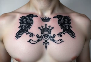 Chest tattoo, two ravens and icelandic symbols, dark brest tattoo, crown betwen ravens tattoo idea