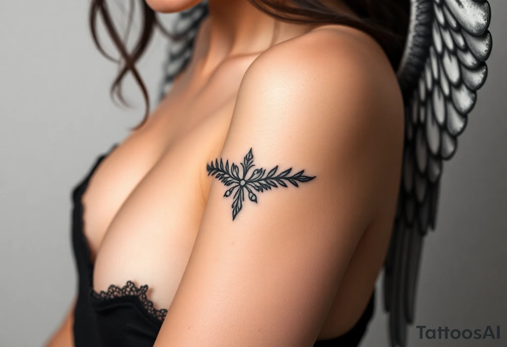 Close up pose of sexy angel with exposed bust tattoo idea