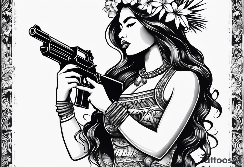 old school hula girl of tahiti who dance with famas gun tattoo idea