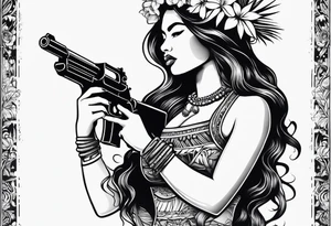 old school hula girl of tahiti who dance with famas gun tattoo idea