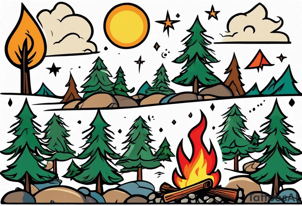 Small campfire in the center, right side: an evergreen tall tree, left side: skinny fast flow steam tattoo idea