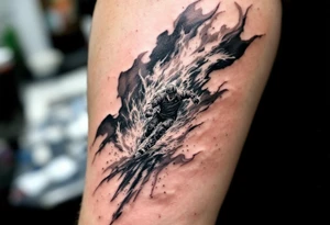Skating Into the Storm
Tattoo of a player skating straight ahead into swirling snow and wind. Long trailing shadows, uniform in solid gray and matte red. tattoo idea