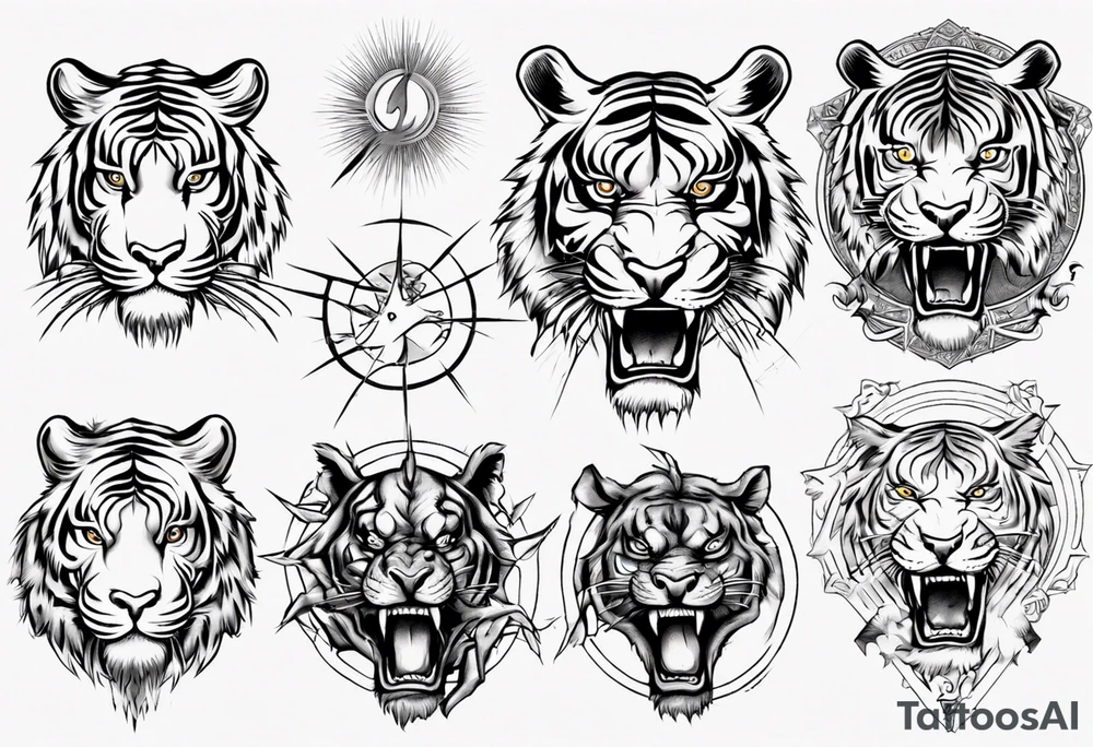 Ancient tiger with lightning and a sun for a forearm sleeve tattoo idea