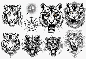 Ancient tiger with lightning and a sun for a forearm sleeve tattoo idea
