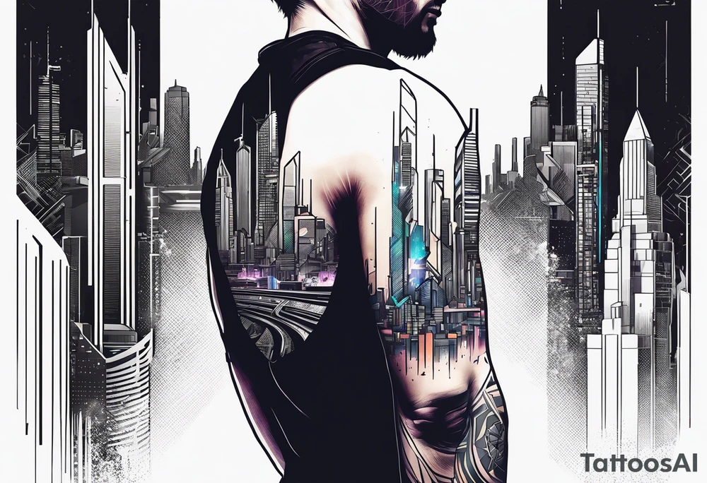 cyberpunk 2077, hand tattoo, geometric, subtle, men, city skyline tattoo idea