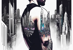 cyberpunk 2077, hand tattoo, geometric, subtle, men, city skyline tattoo idea