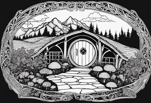Hobbit hole and the words the road goes ever on and on tattoo idea