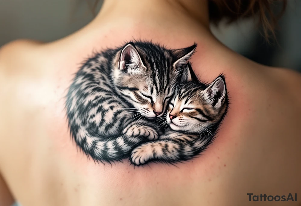 A cat and kitten in black ink intertwined in sleep represents warmth, trust, and quiet love. tattoo idea