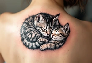 A cat and kitten in black ink intertwined in sleep represents warmth, trust, and quiet love. tattoo idea