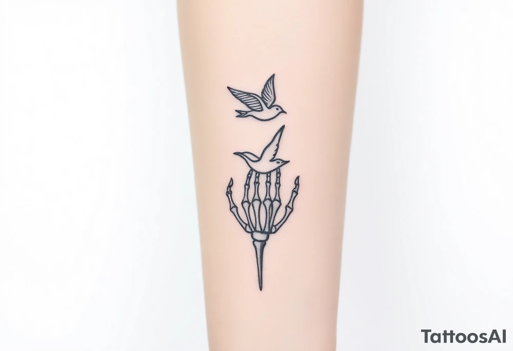 Skeleton hand reaching out of the ocean for a flying swallow tattoo idea