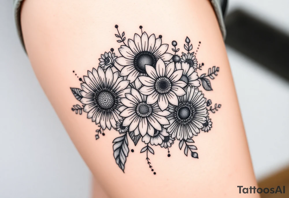 Bouquet of sunflowers, water Lillies, dahlias, marigolds, carnations, hydrangeas, daisys, and chrysanthemums tattoo idea