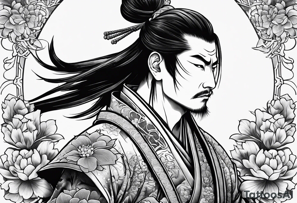 samurai experiencing enlightenment making dead flowers bloom around him tattoo idea