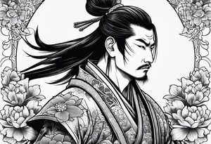 samurai experiencing enlightenment making dead flowers bloom around him tattoo idea
