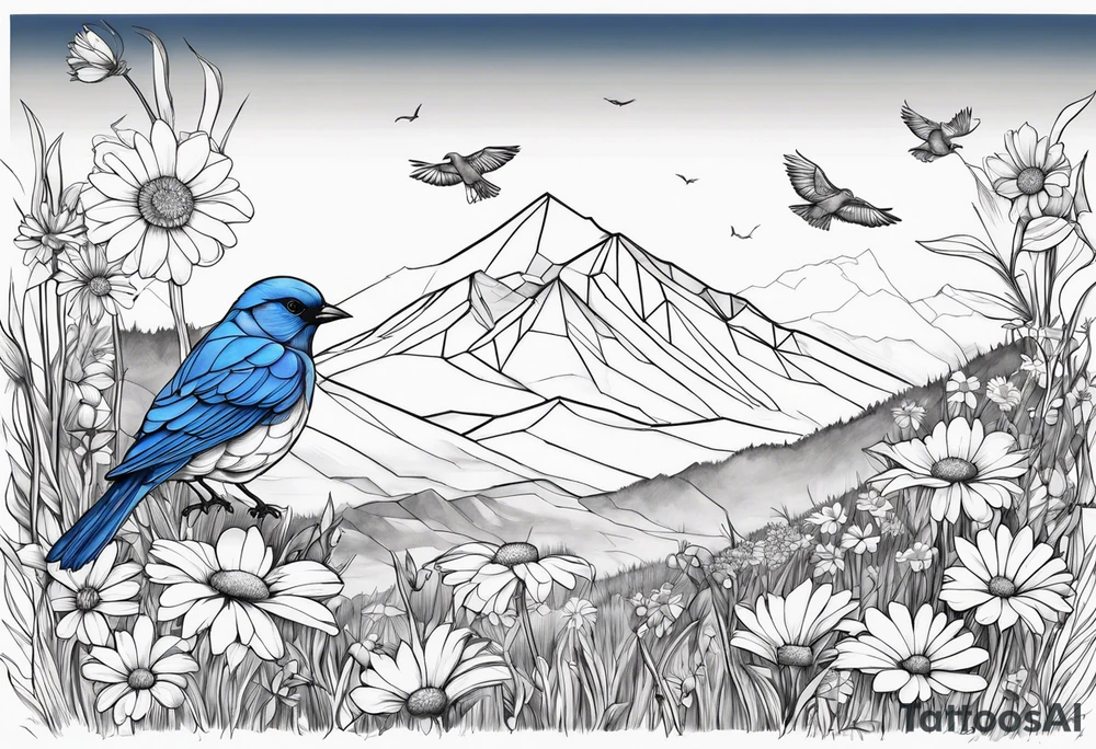 Geometric Black and white blue bird outline sitting in grass and daisys with mountains in the background tattoo idea