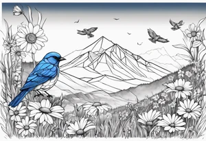 Geometric Black and white blue bird outline sitting in grass and daisys with mountains in the background tattoo idea