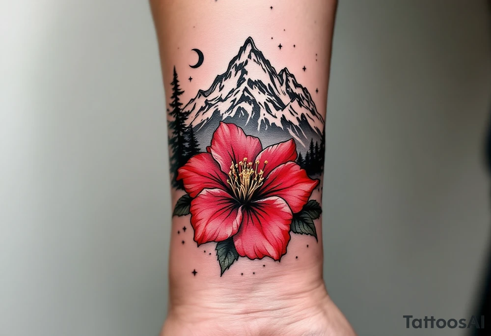 wrap around entire wrist red  and black rhododendron trippy with Himalayas behind tattoo idea