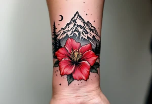 wrap around entire wrist red  and black rhododendron trippy with Himalayas behind tattoo idea