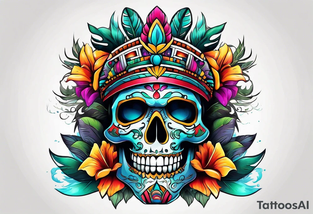 Colorful mayan skull with mouth as cave with water coming out tattoo idea