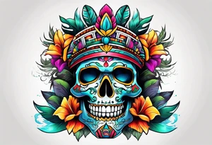 Colorful mayan skull with mouth as cave with water coming out tattoo idea