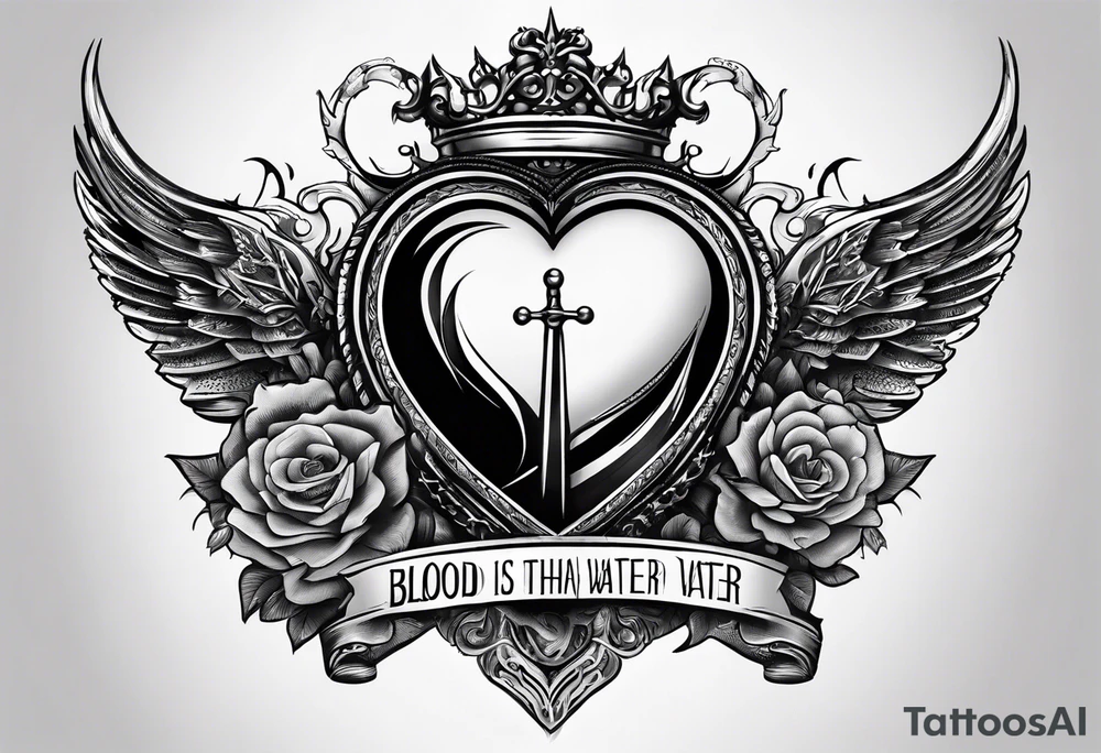 Heart pierced with daggers with a banner saying “blood is thicker than water “ tattoo idea