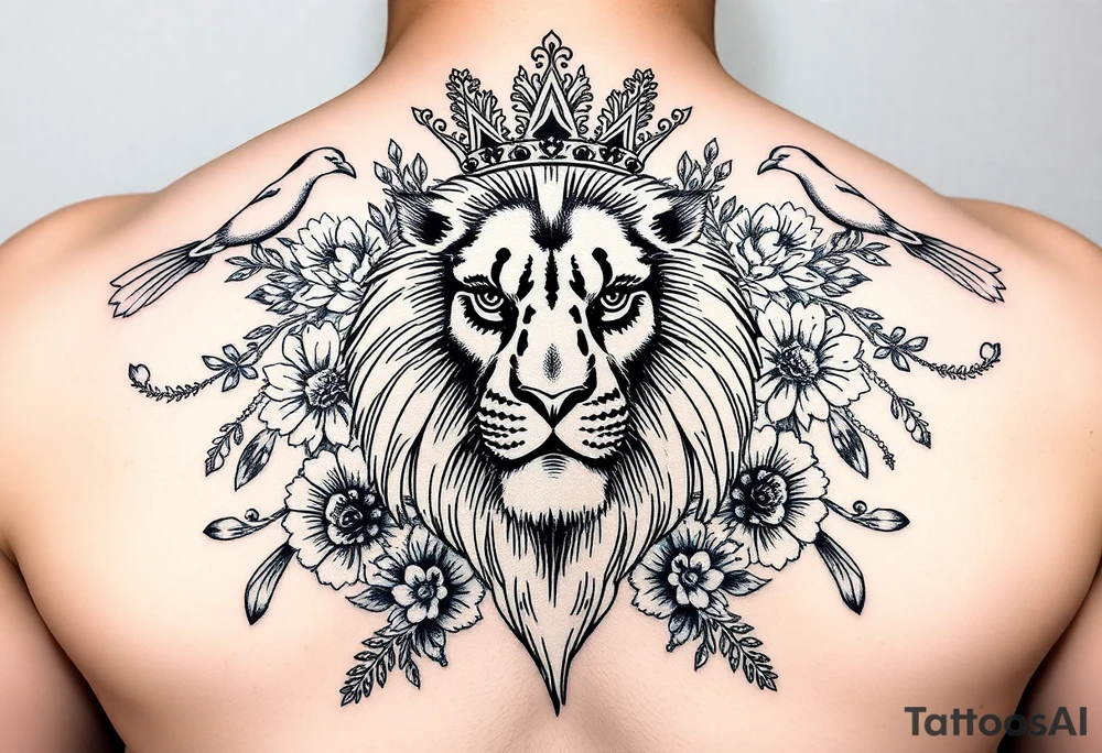 powerful majestic lion with a crown, surrounded by floral ornaments and birds tattoo idea