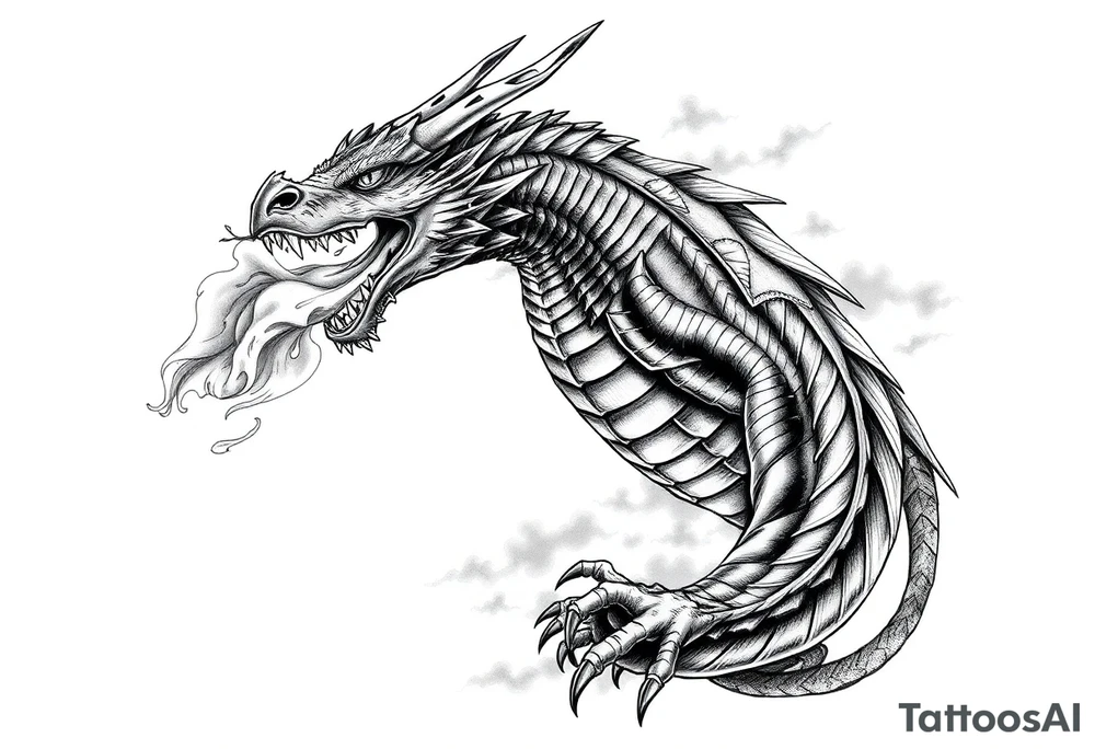 fierce dragon breathing iridescent fire against stormy skies tattoo idea