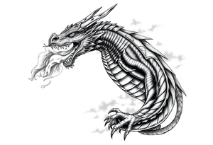 fierce dragon breathing iridescent fire against stormy skies tattoo idea