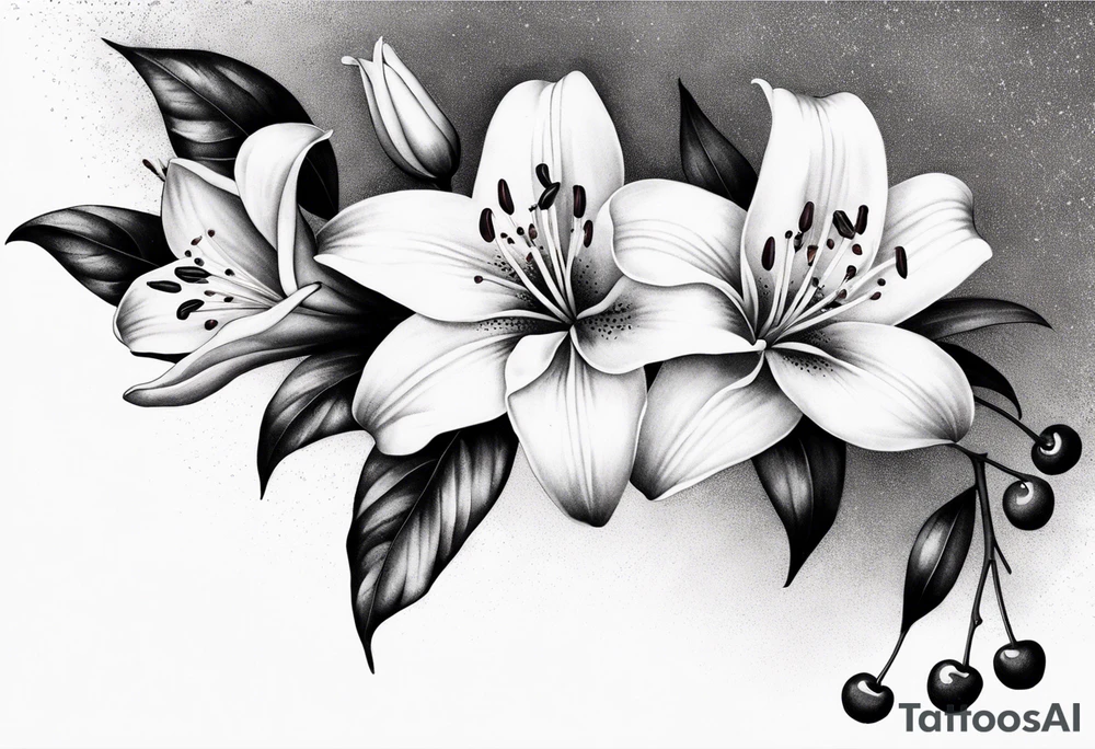 5 lilies and cherry blossom branch tattoo idea
