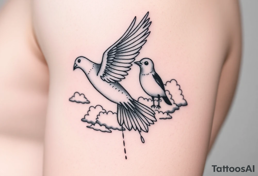 Dove and a blue jay, clouds, shining light to or from heaven tattoo idea