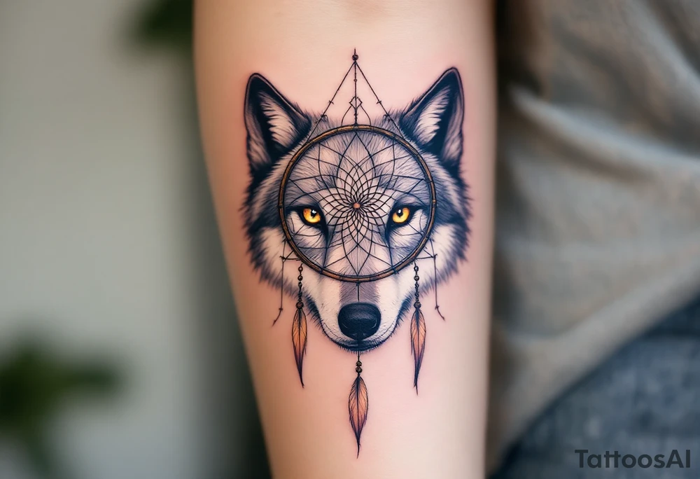 The tattoo focuses on a pair of piercing wolf eyes within the center of a dreamcatcher, with the intricate web of the dreamcatcher surrounding them. The eyes are intensely detailed, representing intuition and connection. Warm amber or golden yellows for the eyes, soft greys for the wolf’s face, and earthy tones like brown and beige for the dreamcatcher. tattoo idea