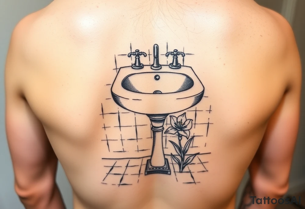 bathroom sink on tile floor with lily coming up out of the floor tattoo idea