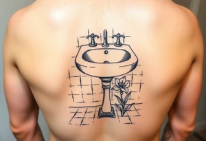 bathroom sink on tile floor with lily coming up out of the floor tattoo idea