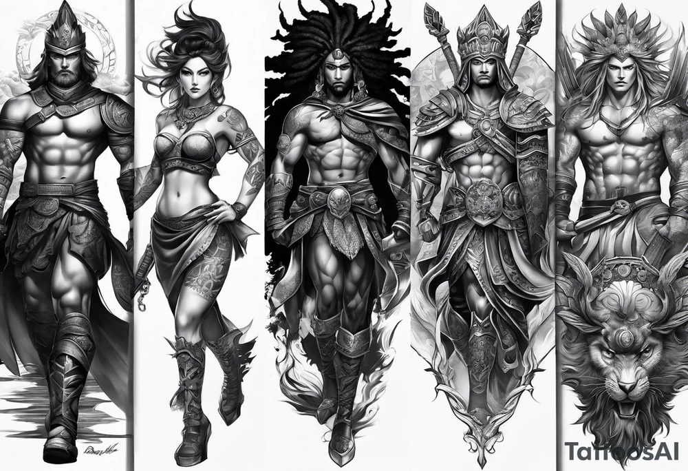 Leg sleeve tattoo of warriors fro
 Different eras tattoo idea