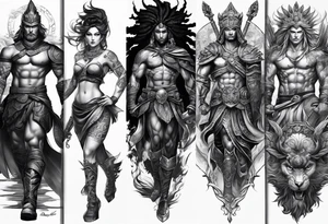 Leg sleeve tattoo of warriors fro
 Different eras tattoo idea