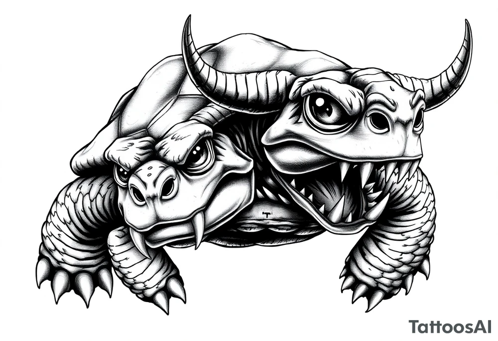 2 slaves powerful and angry turtle with goat horns and huge teeth and ALIEN EYES tattoo idea