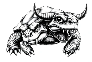 2 slaves powerful and angry turtle with goat horns and huge teeth and ALIEN EYES tattoo idea