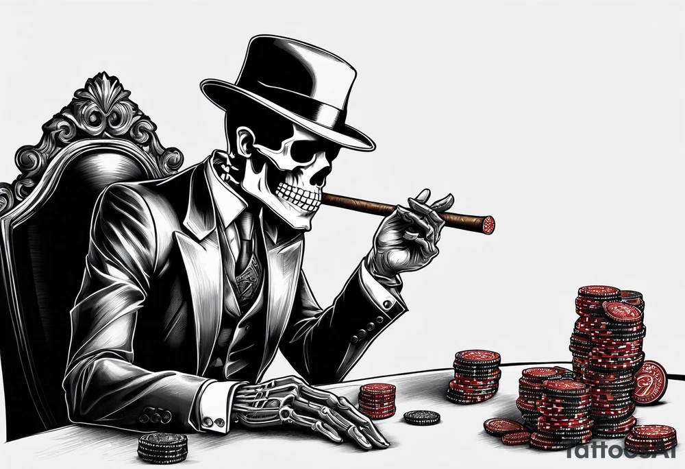 Skeleton in suit, with hat, with cigar, sitting at the table, holding poker tokens tattoo idea tattoo idea