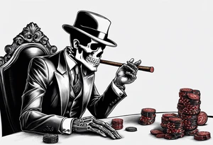 Skeleton in suit, with hat, with cigar, sitting at the table, holding poker tokens tattoo idea tattoo idea