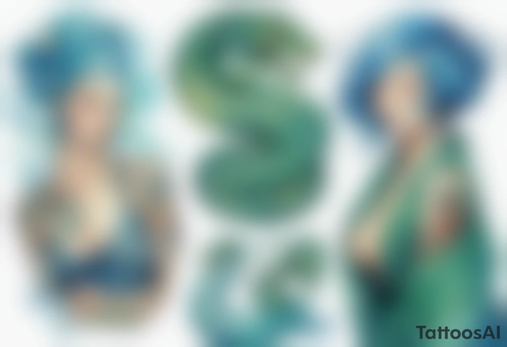 a blue-green serpent wrapped around a beautiful woman with blue hair tattoo idea